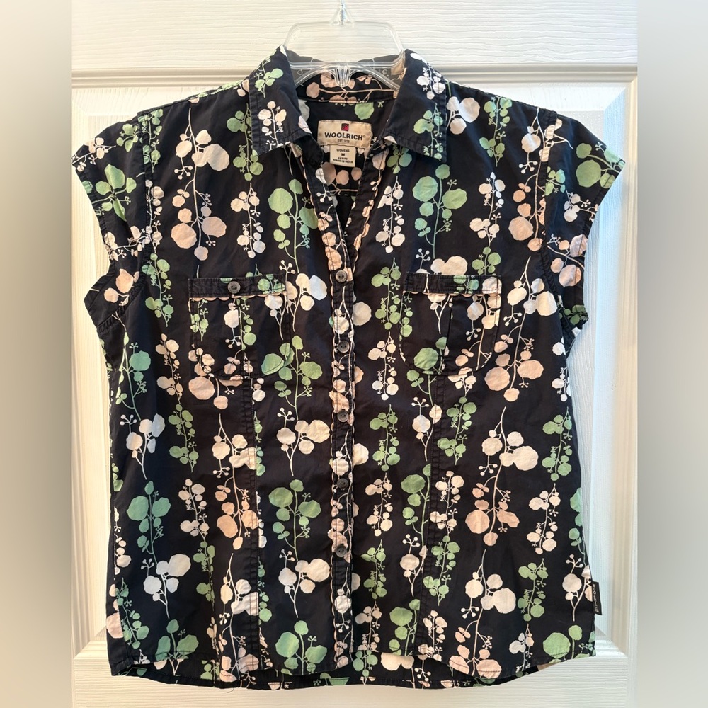 Woolrich Black Button-Down Shirt with Green & Cream Floral Print